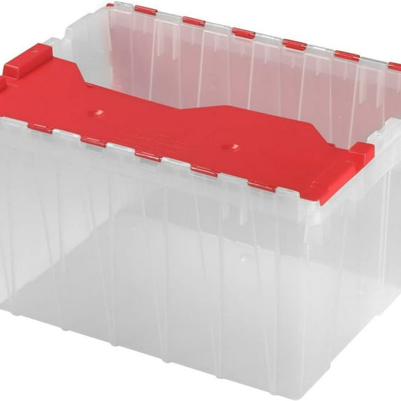 KeepBox 12 Gallon Storage Container, Nesting and Stackable Plastic Storage Box with Lid Attached, Clear Tote for Garages, Closets, and Moving, 21-1/2" x 15" x 12-1/2", Clear/Red