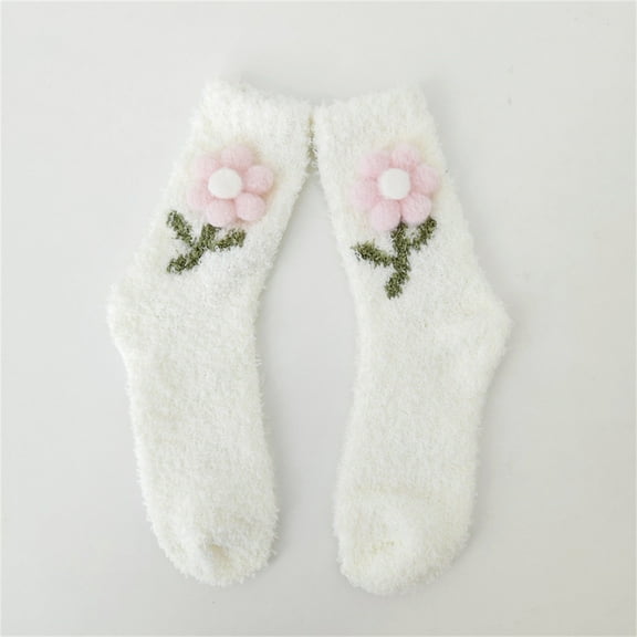 MSJUHEG Fuzzy Socks,Warm Socks,Slipper Socks for Men,Fluffy Socks,Wool Socks,Thickened Non Shedding Sleeping Socks with Small Flowers Beige One Size