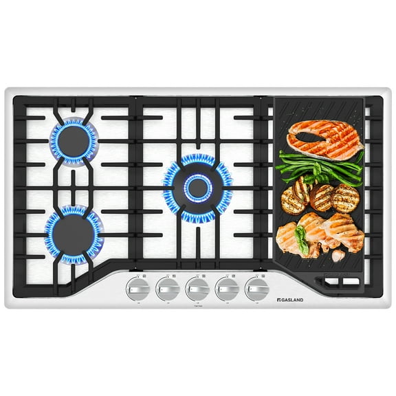 GASLAND Chef 36" 5 Burner Gas Cooktop with Reversible Cast Iron Grill/Griddle, NG/LPG Convertible