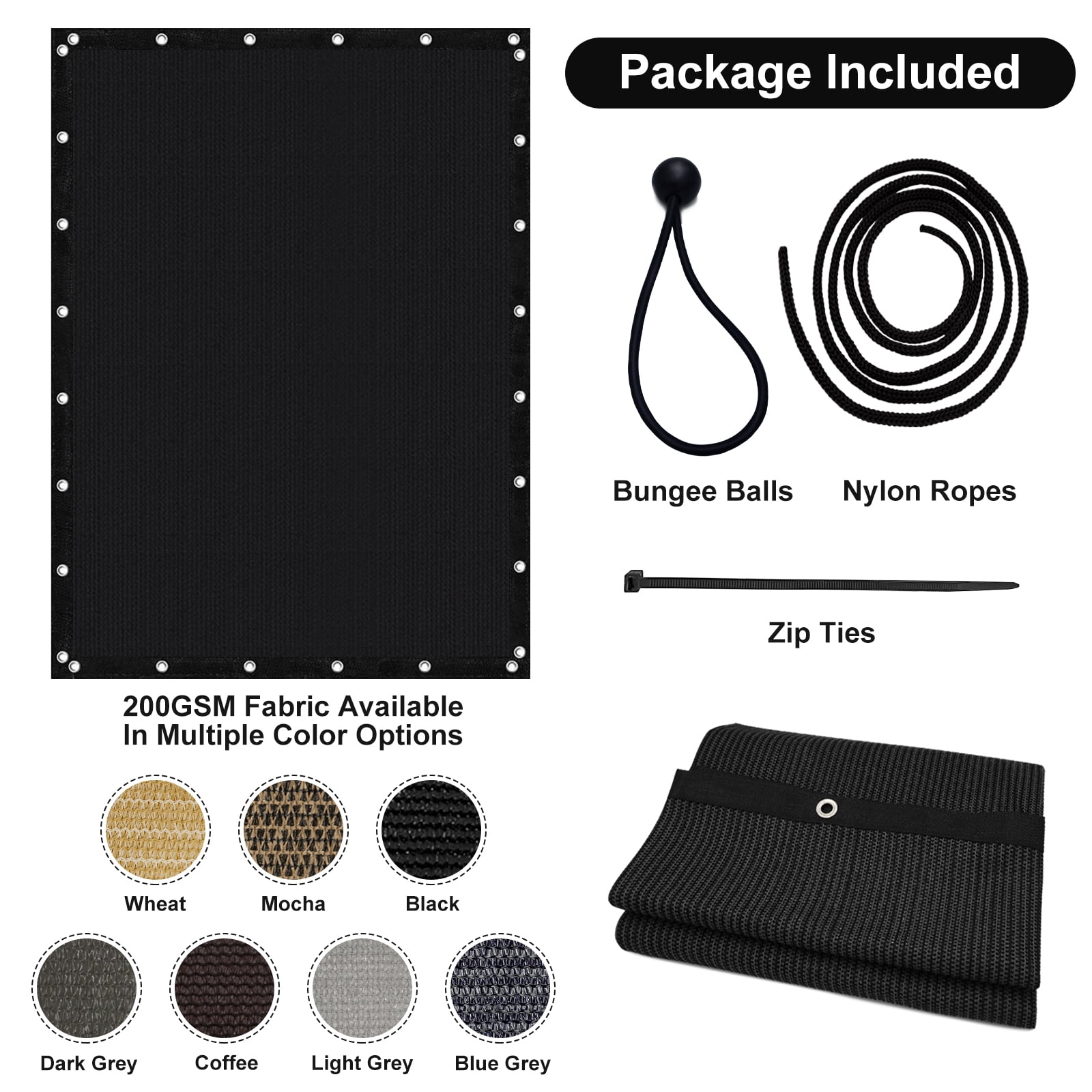 Jane Stone 12'X12' Rectangular 200 GSM UV Protected 100% HDPE Shade Cloth with Grommets,90% UV Block Outdoor Canopy Screen,Black