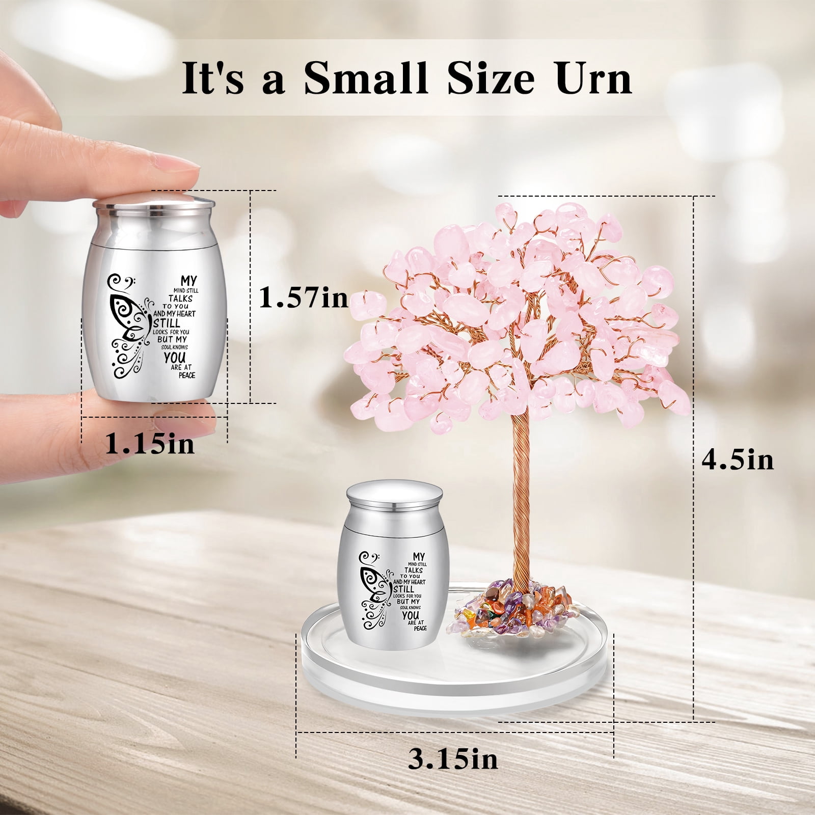 Small Urns for Human Ashes Keepsake, 1.57 Inches Stainless Steel Mini Urn for Women Men with Pink Crystal Tree - Decoration Urn Butterfly Cremation Keepsake Sharing Holder