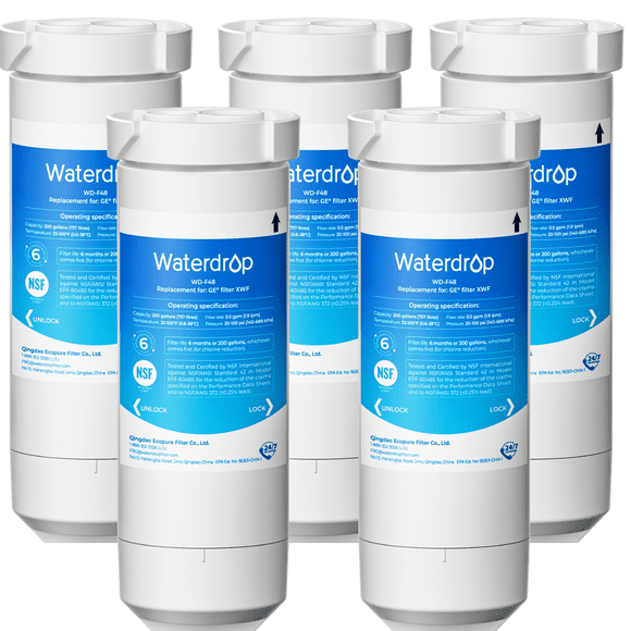 Waterdrop XWF Refrigerator Water Filter, Replacement for GE® WR17X30702, NSF 42/372 Certified, Compatible with GNE27, GFE26, GDE25, GSS25, PSE25 Series Refrigerators, 5-Pack (Not XWFE®)