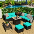 thumbnail image 3 of Topbuy 9 Pieces Outdoor PE Rattan Wicker Sectional Sofa with 42" Gas Fire Pit Table Space-Saving Patio Conversation Set with Storage Box Turquoise, 3 of 10