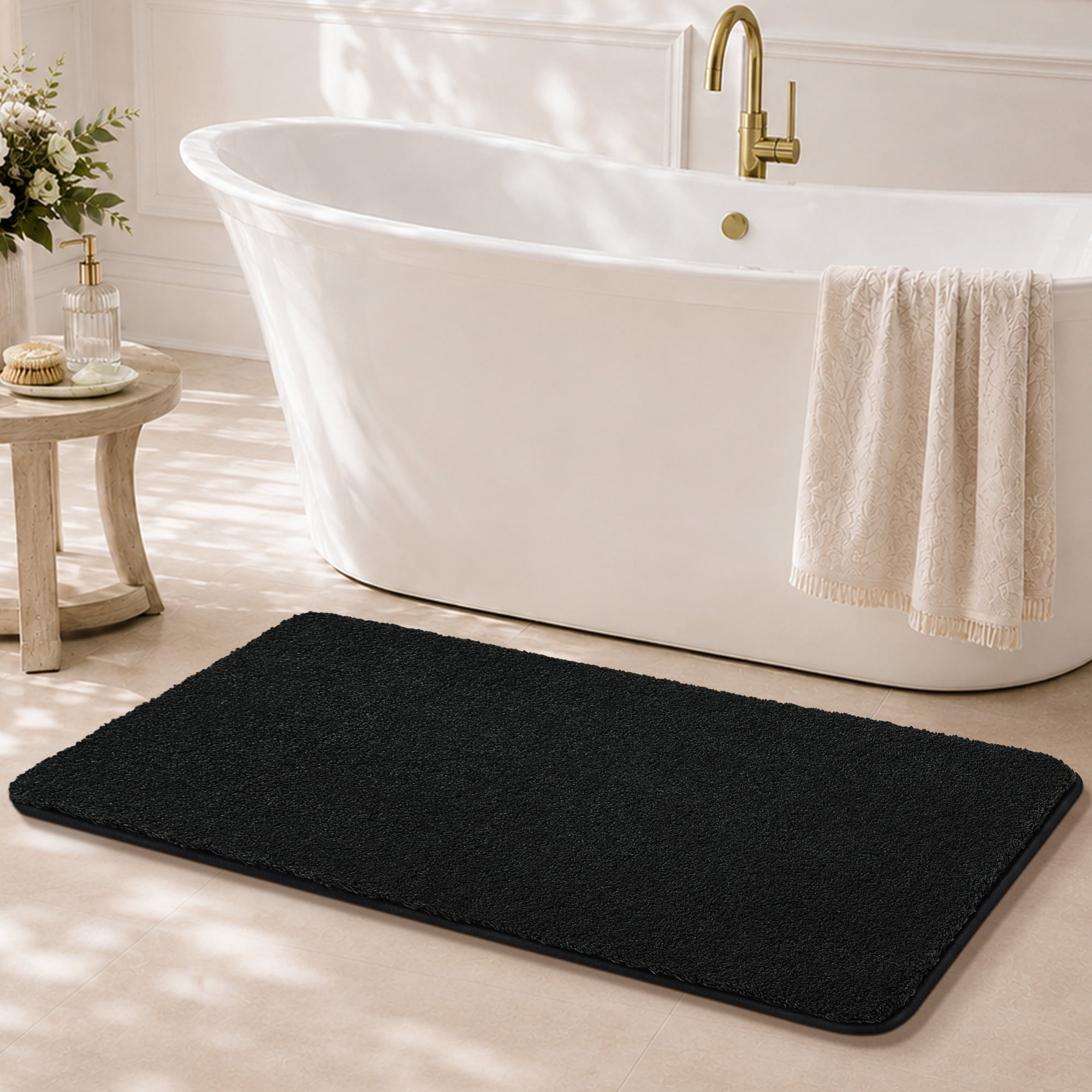 JAATOP 24" x 48" Bathroom Rug, Soft Absorbent Bath Mat with Non-Slip TPR Backing, Machine Washable, Black