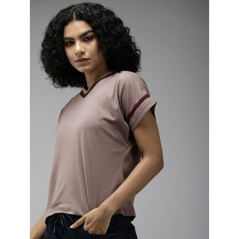 Roadster - By Myntra Casual T-Shirts For Women Mauve Solid V-Neck Casual  Short Sleeves Regular Cotton Ready to Wear T-shirt With Tonal Lace Detail 