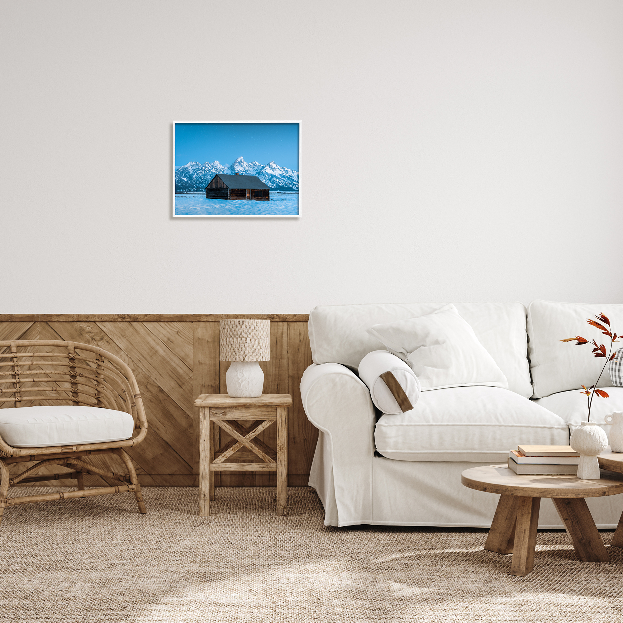Stupell Industries Log Cabin Mountain View Landscape Photography White Framed Art Print Wall Art, 20 x 16