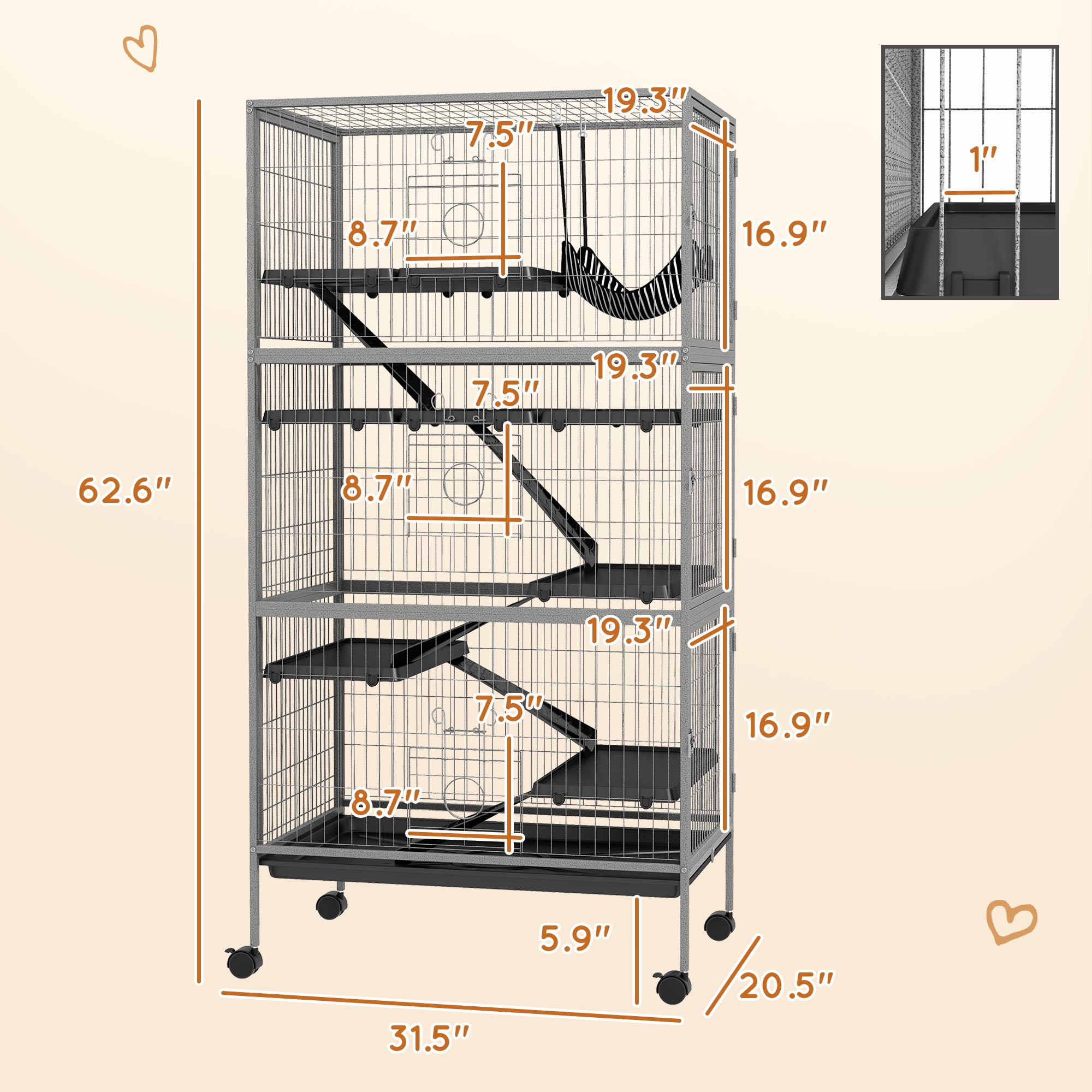 PawHut Rolling Small Animal Cage Pet for Rabbits, Chinchillas, Ferret with Wheels, Hammock, 6 Platforms and Removable Tray, Gray