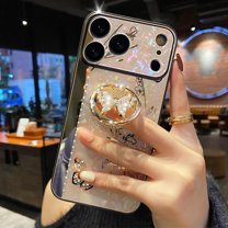 for iPhone 17 Pro Max Case with Kickstand, Ring Holder Stand Cute Marble Glitter Bling Shiny Diamond 3D Butterfly Girls Women Shockproof Elegant Case Hard Cover for iPhone 17 Pro Max, Gold