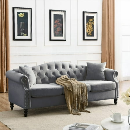 79" Grey Velvet Chesterfield Sofa with Nailhead Trim for Multi-Spaces