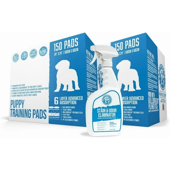 Bulldogology Puppy Pee Pads with Adhesive Sticky Tape (24x24) Large Premium Dog Pads - 6 Layer Dog Training Pads and Pet Wee Pads with Quick-Dry Bullsorbent Tech (300-Count w/32oz)