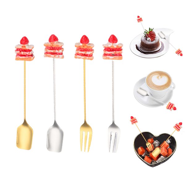 Juego de 4 tenedores y cucharas, tenedores de ensalada livianos, adorables cucharas de té y café de acero inoxidable, novedosas cucharillas de pala, creativas cucharas para helado y pasteles