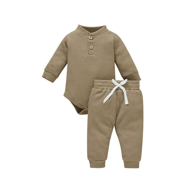 ITFABS Baby?s Solid Color Button Long Sleeve Romper and Tie-up Trousers Set