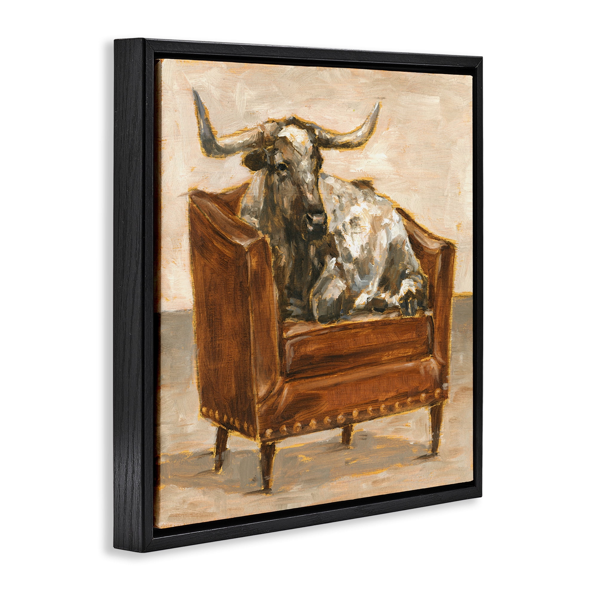 Stupell Industries Brown Bull Resting in Chair Painting Animals & Insects Painting Black Floater Framed Canvas Art Print Wall Art, 25 x 25