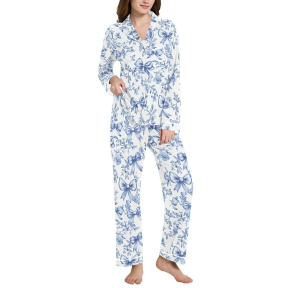 joogoo Pajamas Set for Women Vintage Bows Blue Long Sleeve Pjs Loungewear L