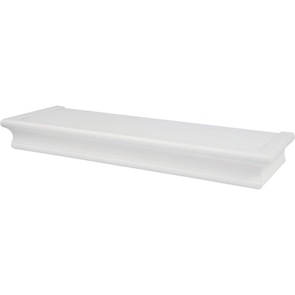 HIGH & MIGHTY Decorative 18" Floating Shelf Holds up to 15 lbs, Easy Tool-Free Dry Wall Installation, Beveled, White | 515654