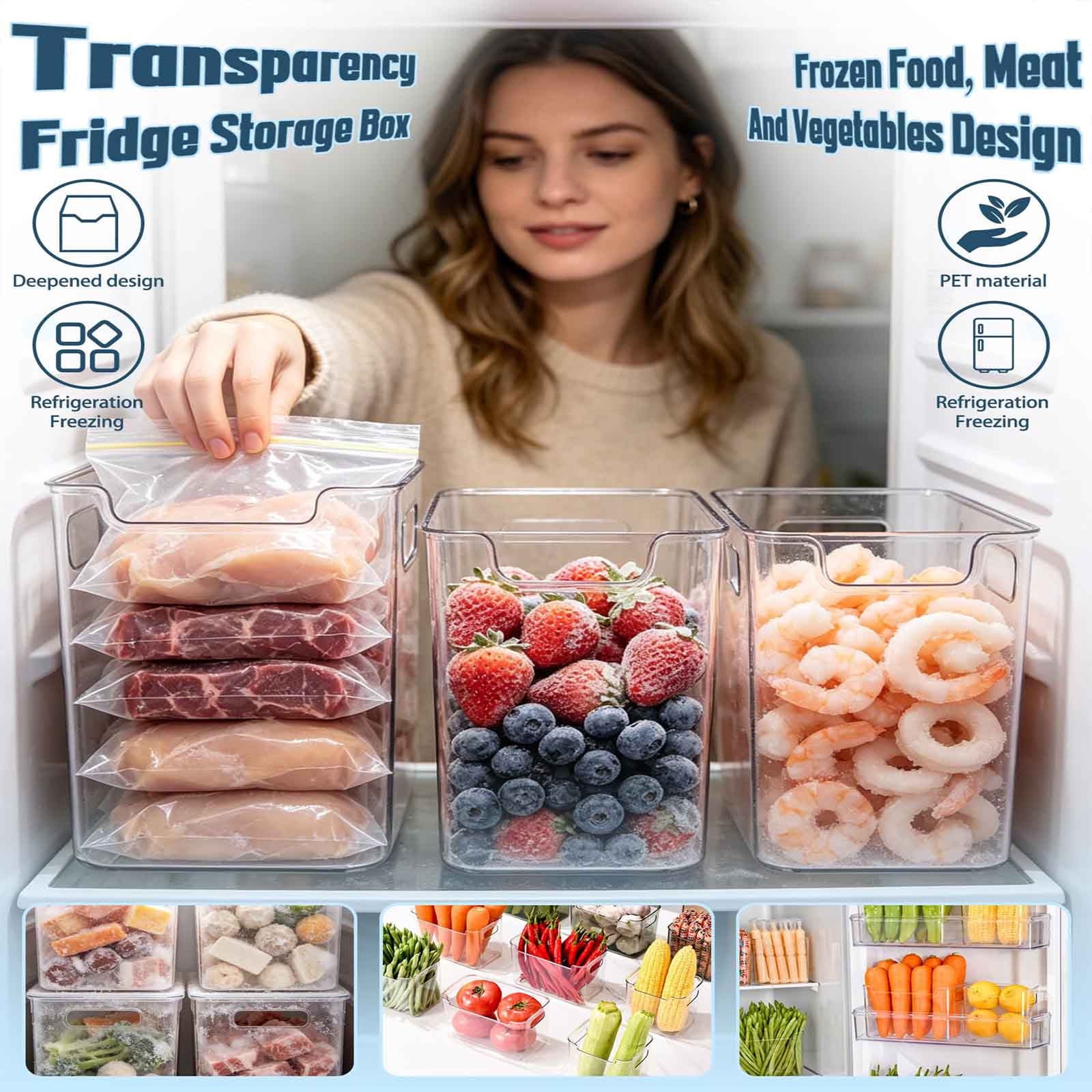 Freezer Storage Bins 4 Pack, Clear Plastic Stackable Kitchen Organizer with Handles for Fridge Pantry Meat Veggies