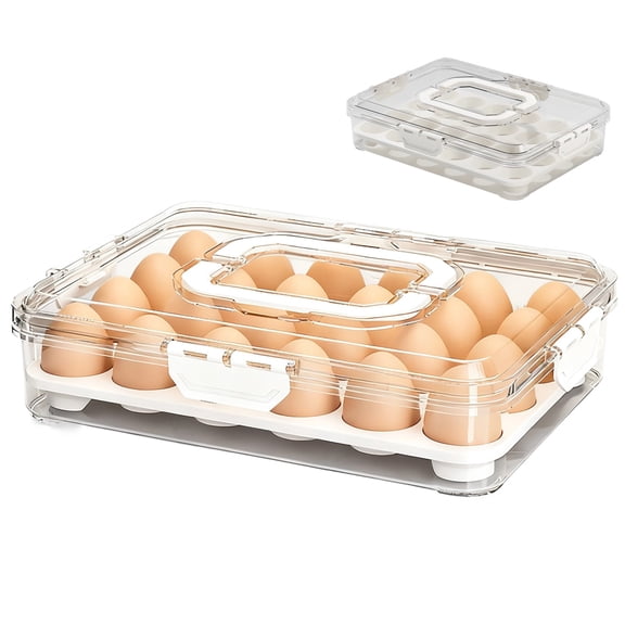 Stackable Egg Holder for Fridge, Clear Plastic Egg Carrier with Lid and Handle, 24 Egg Containers with Lid and Handle, 12.4x9.3x2.8 in Egg Tray