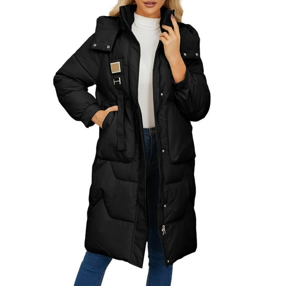 Yangnuo Womens Trendy Warm Long-Length Lapel Puffer Jackets Parka Jackets 2025 Women's Solid Color Long Sleeve Zippered Hooded Stand-Up Collar Padded Parka Jacket