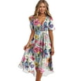 thumbnail image 4 of Qwertyu Spring Dresses for Women 2025 Boho Floral Printed Chiffon Dresses Elegant V Neck Belted Summer Wedding Prom Cocktail Midi Dress Pink M, 4 of 4