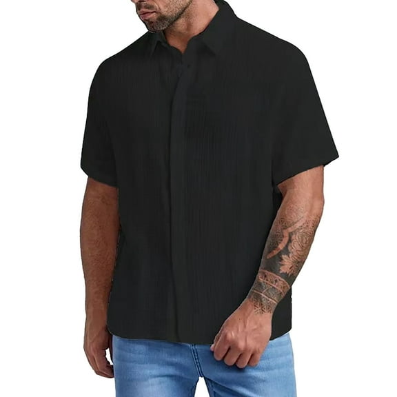 Manxivoo Mens Shirts Men's Baggy Cotton Blend Pocket Solid Short Sleeve Turn Down Collar T Shirts Mens Dress Shirts Black L