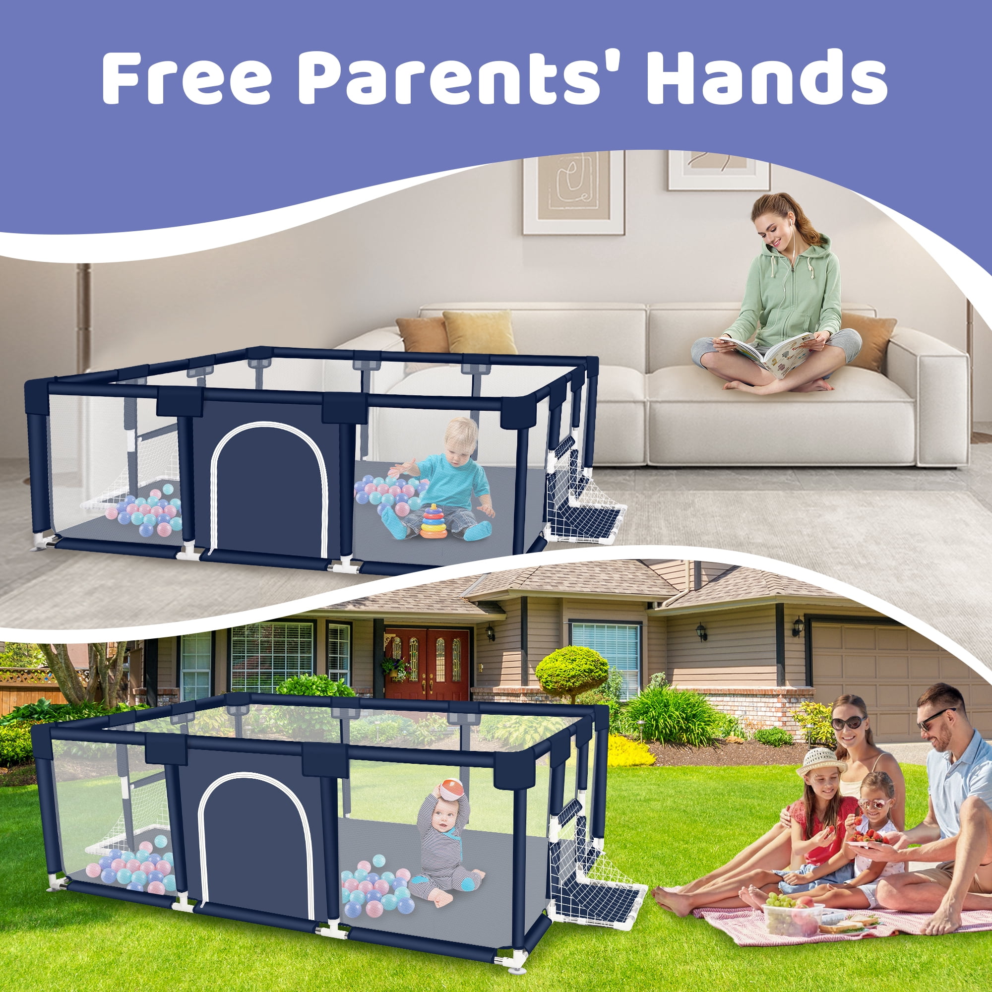 Baby Playpen, HDJ 71 inch Extra Large Baby Play Yard with Soft Breathable Mesh, Play Fence for Infant and Toddlers, Anti-Slip Base, Blue