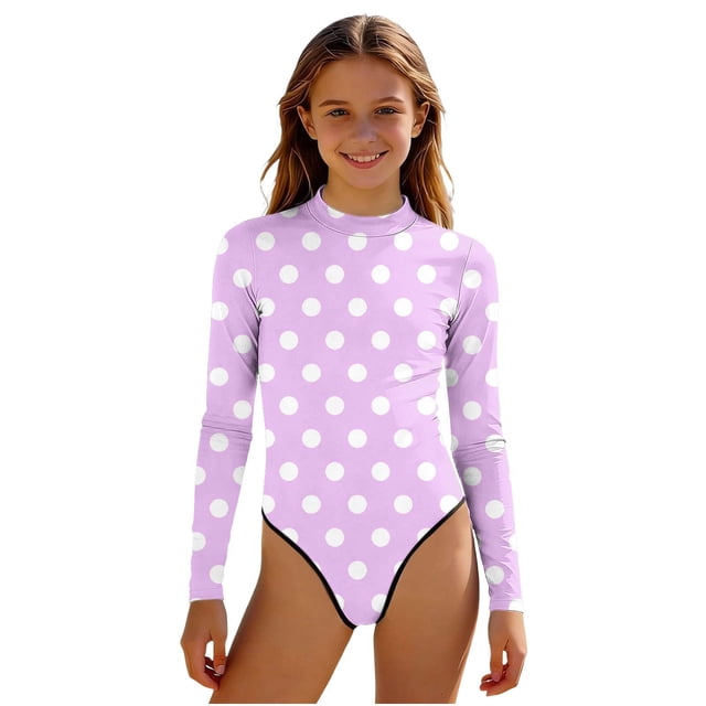 Swimsuit for Girls, Long Sleeve One Piece Rashguard, Solid Color Beach Vacation Swimsuit for Kids 2-13 Years