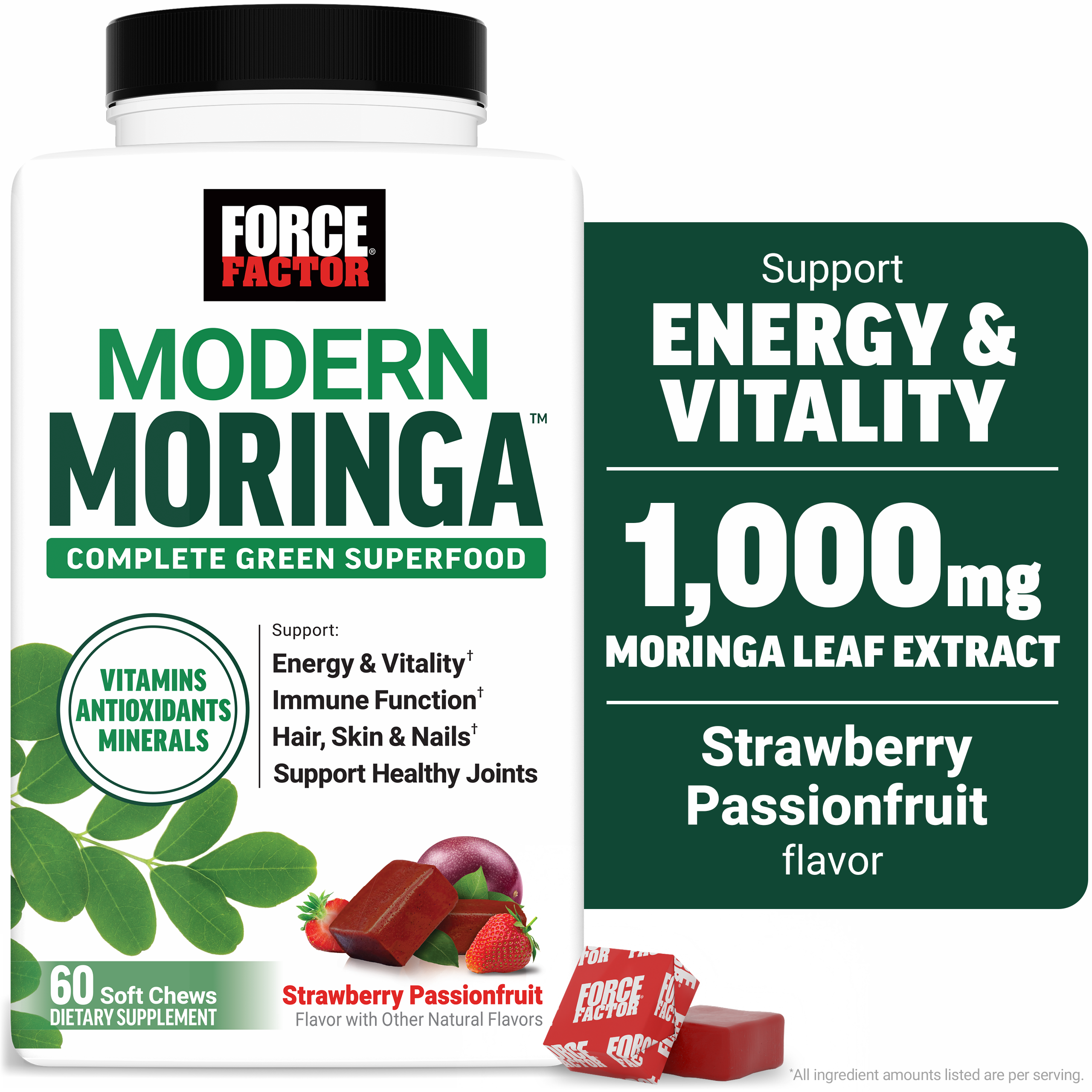 Force Factor Modern Moringa Soft Chews to Support Energy, Hair, Skin, Nails & Immune Health with Antioxidants, Minerals + B Vitamins & Vitamin D, Strawberry Passionfruit, 60 Soft Chews
