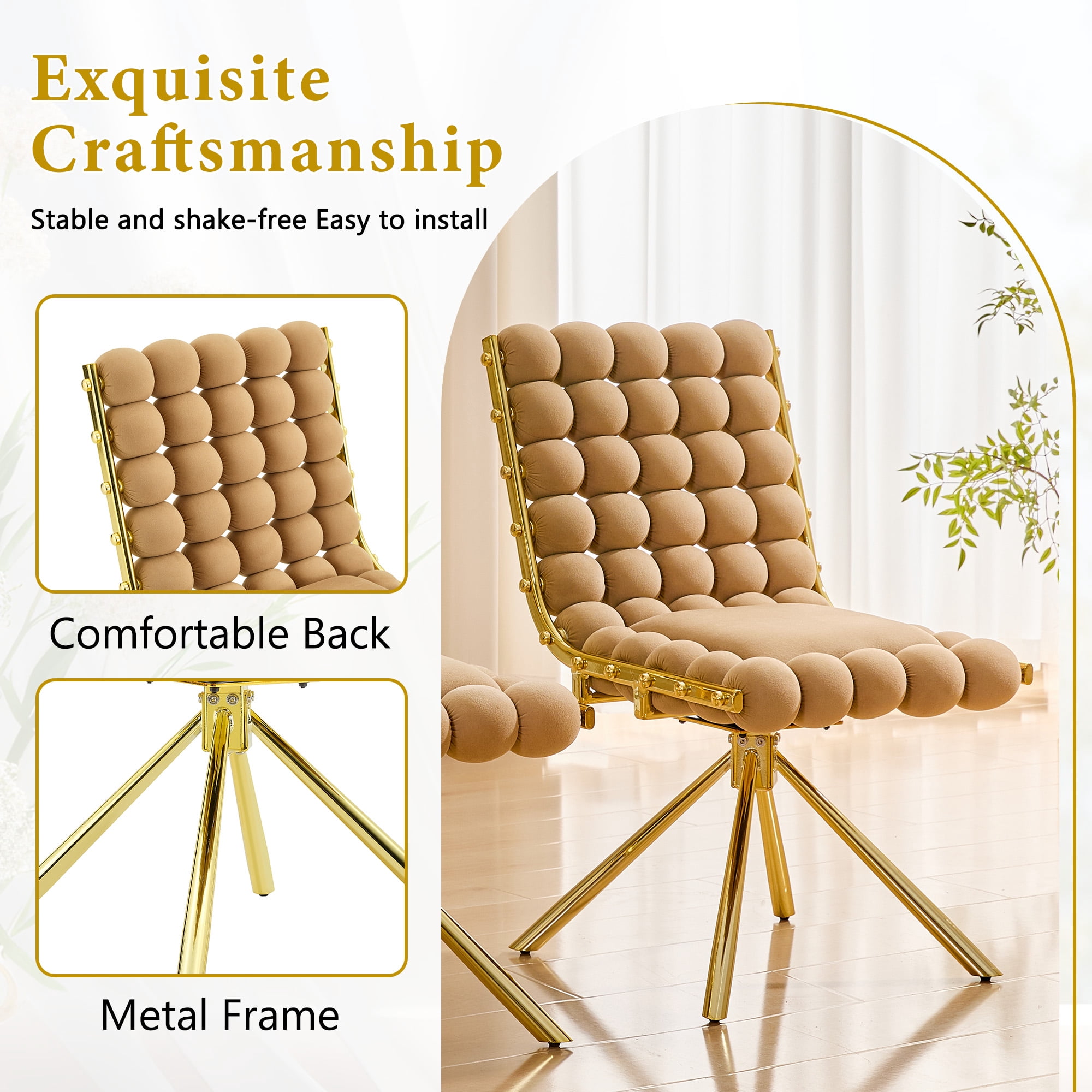 Aukfa Velvet Swivel Dining Chairs Set of 2, Modern Bubble Tufted Kitchen Side Chairs, Gold Metal Legs,Brown
