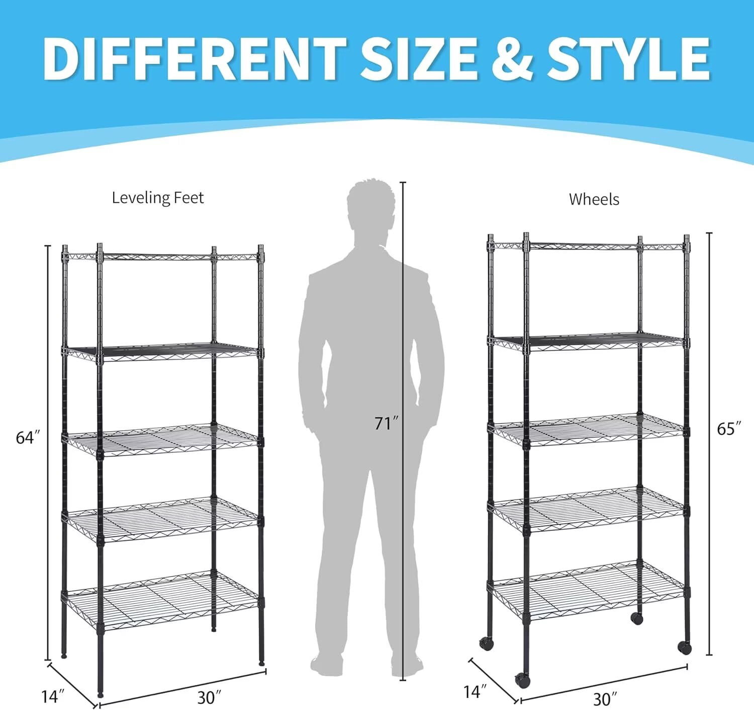 QUIOCOZY 5-Tier Heavy Duty Wire Storage Shelving Unit, Adjustable Metal Rack for Kitchen, Pantry, Garage, and Office, Black, 30" W x 14" D x 65" H