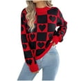 thumbnail image 2 of Aueoeo Women's Long Sleeve Sweaters Color Contrast Plaid Heart-Shaped Round Neck Pullover Fashionable Sweater, 2 of 8