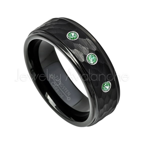 Hammered Black Tungsten Ring - 0.21ctw Emerald 3-stone Band - Personalized Tungsten Wedding Ring - Custom Made May Birthstone Ring TN614BS