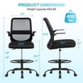 thumbnail image 3 of JONPONY 450LBS Office Drafting Chair, Executive Rolling Swivel Chair with Adjustable Foot Ring and Flip-Up Arms, Comfy Thicken Cushion, Breathable Mesh Standing Desk Chair, Black, 3 of 9