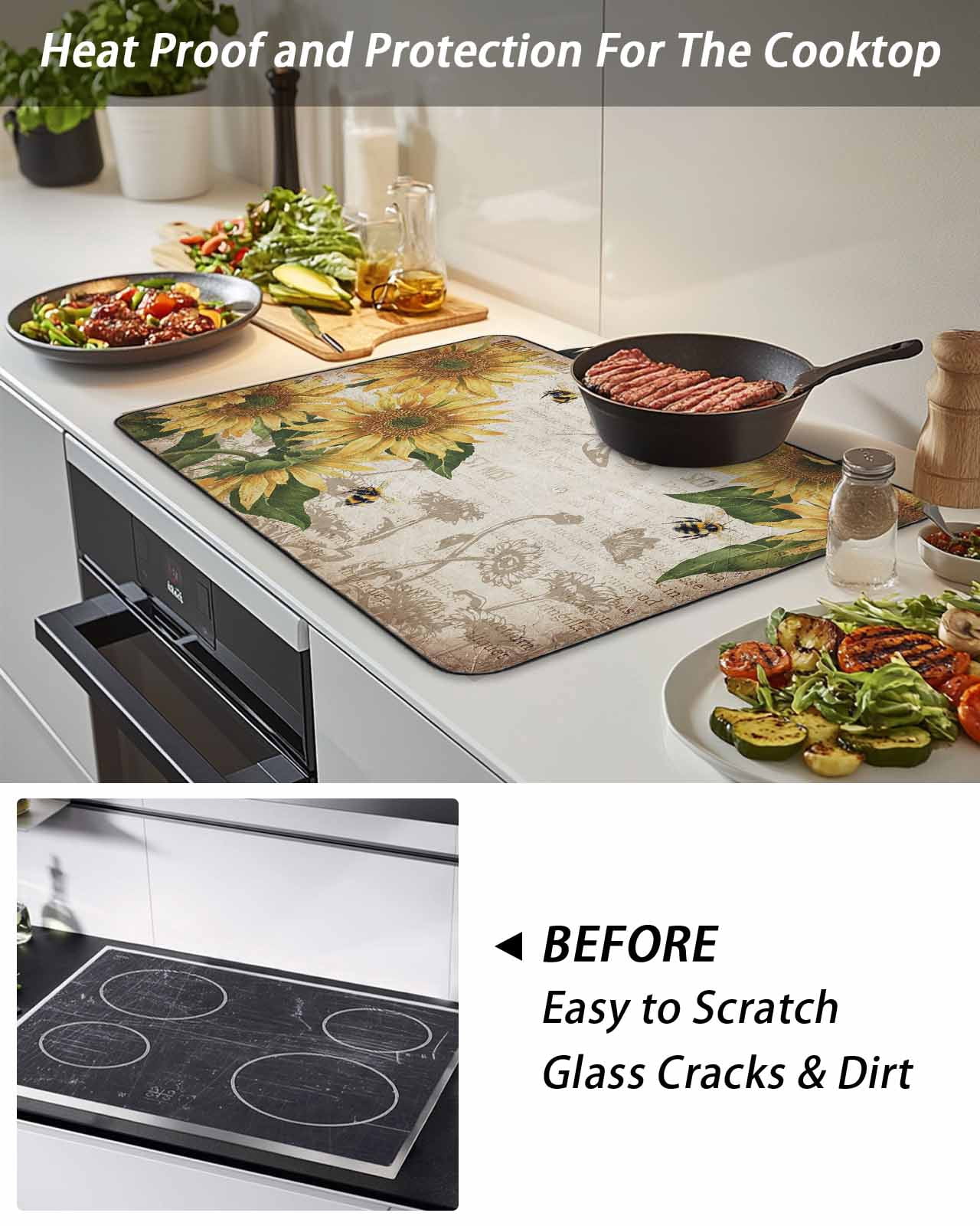 Stove Top Covers for Electric Stove, Sunflowers Glass Stovetop Cover Protector, Vintage Yellow Floral Farm Butterfly Induction Cooktop Protector Oven Mat for Kitchen Countertop 24"x21"
