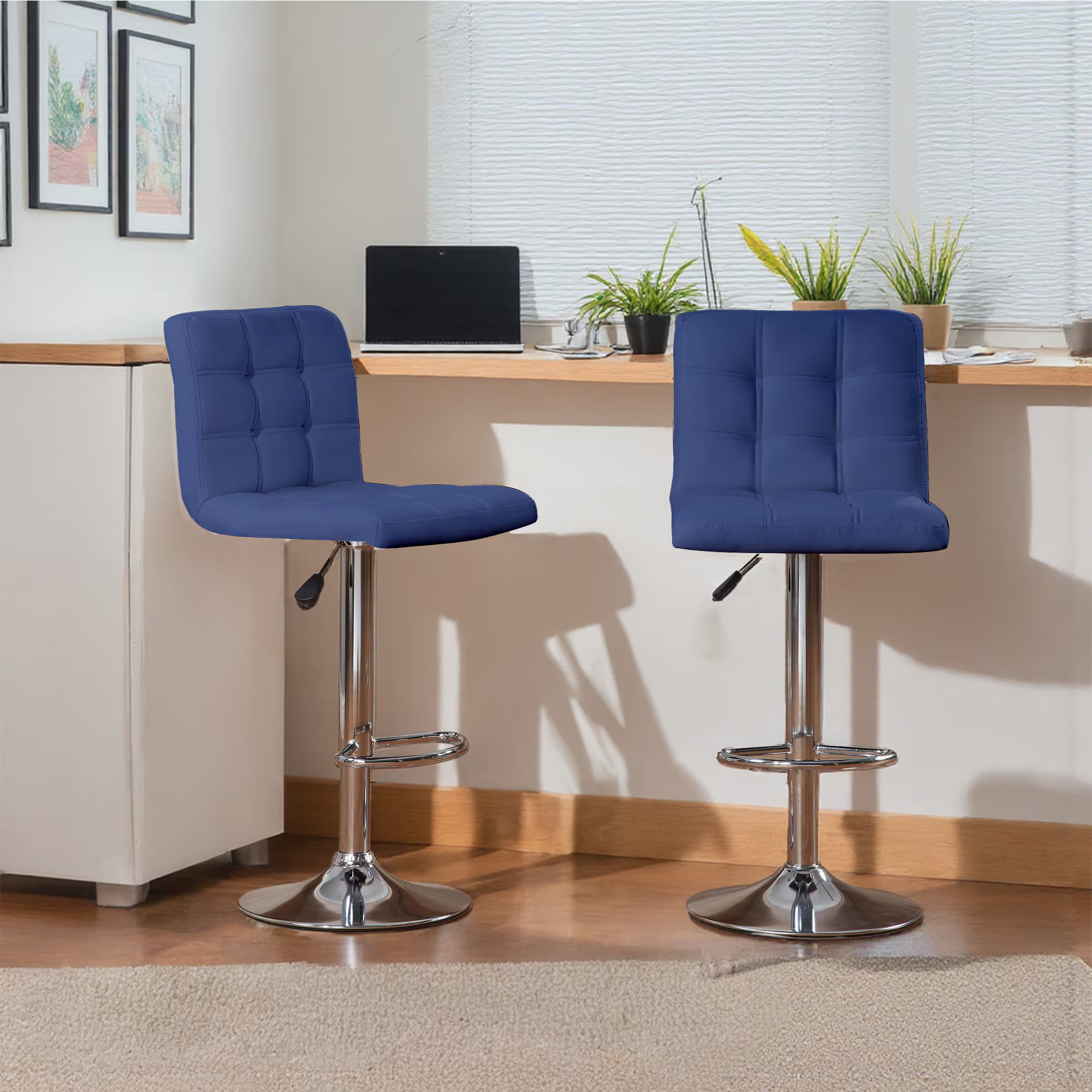 Aukfa Bar Stools Set of 2, Counter Height Adjustable PU Leather Swivel Bar Chairs with Back and Footrest for Kitchen and Dining Room, Blue