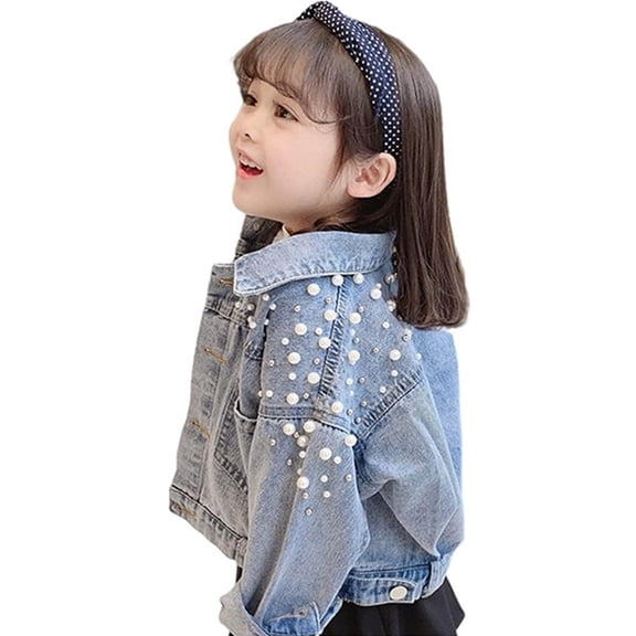 Toddler Kids Girls Denim Jacket Button Down Jeans Jacket Top with Pearls