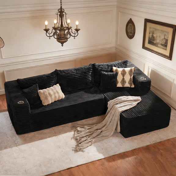 JULY'S SONG 108" L-Shaped Plush Modular Sectional Sofa, Modern Flannel Upholstered Boneless Couch with Deep Seat, No Assembly Couches and Sofas for Living Room, Right Facing Chaise, Black