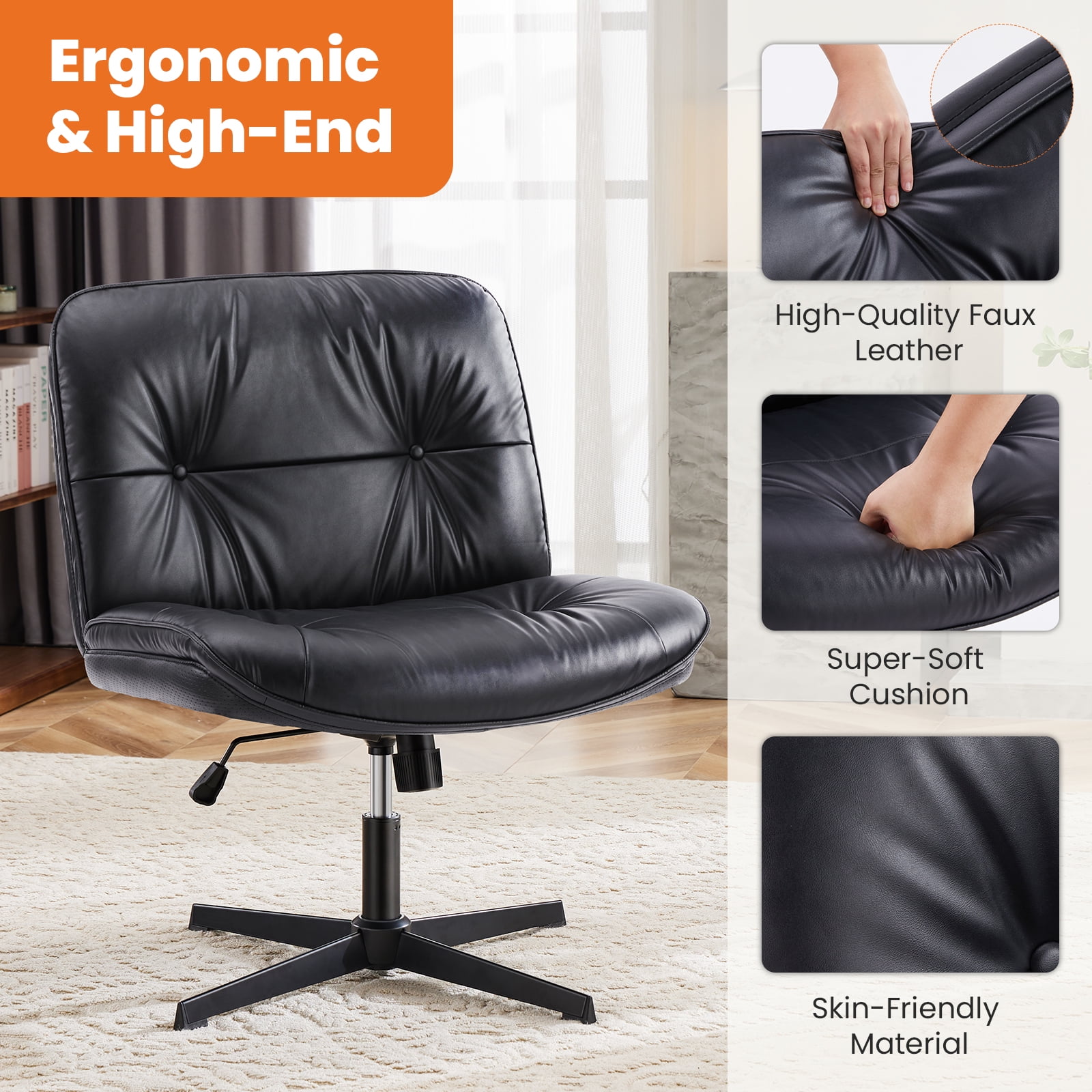 GIANNA Comfy PU Leather Criss Cross Office Chair, Durable and Ergonomic Modern Vanity Chair for Home Office and Study, Without Wheels, Black