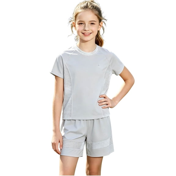 Nskgu Girls Short Sleeve Athletic Top and Shorts Set Kids 2 Piece Quick Dry Sport Outfits with Mesh Panels for Summer Active Play