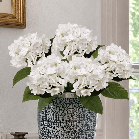 BZCOE 5Pcs 21In White Hydrangeas Artificial Flowers Real Touch Hydrangeas Faux Hydrangea Flowers with Stems for Wedding Bouquets Arrangement Home Table Centerpieces Baby Shower Party Decoration