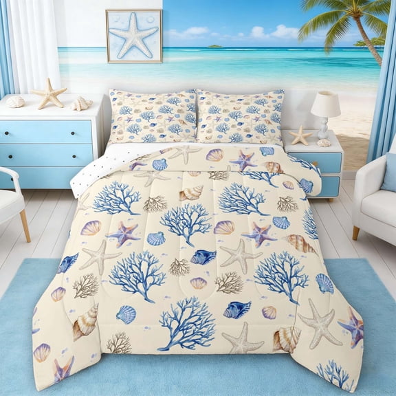 Manfei Watercolor Beige Seashell Starfish Coral Queen Comforter Set for Kids Boys and Girls, Marine Life Print Bedding Comforter Set, Reversible 3-Piece, 1 Comforter and 2 Pillowcases