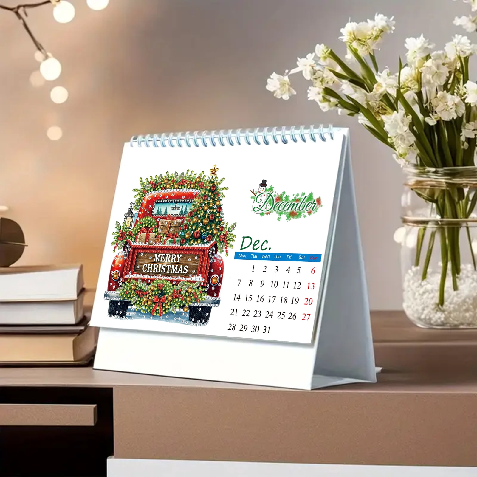 FLOPESN 2Pcs 2026 Desk Calendar DIY Diamond Painting Craft Kit – Complete Paper Calendar with Special Drills, Holiday Wreath & Gnome Themes for Home Office Decor