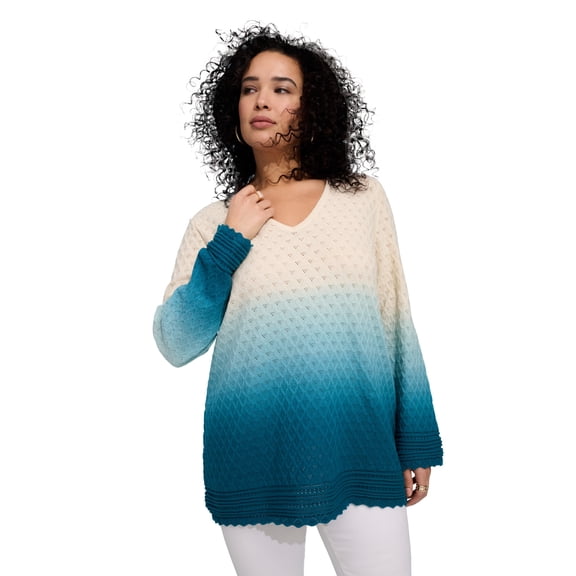Roaman's Women's Plus Size Cotton Openwork Ombre V-Neck Pullover Sweater