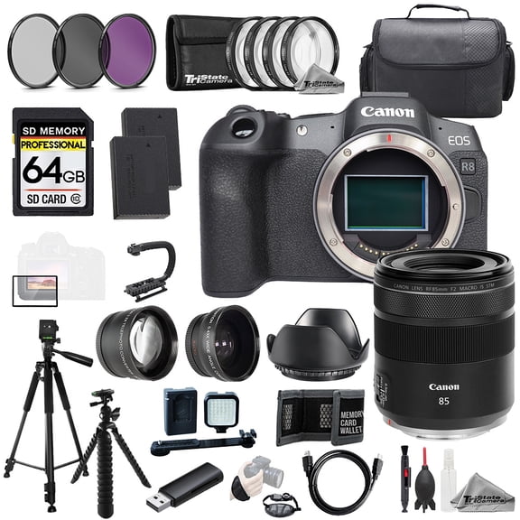 Canon EOS R8 Camera   RF 85mm f/2 Macro IS STM Lens 64GB Ext Bat 9 PC Filter-MEGA Kit (International Version)
