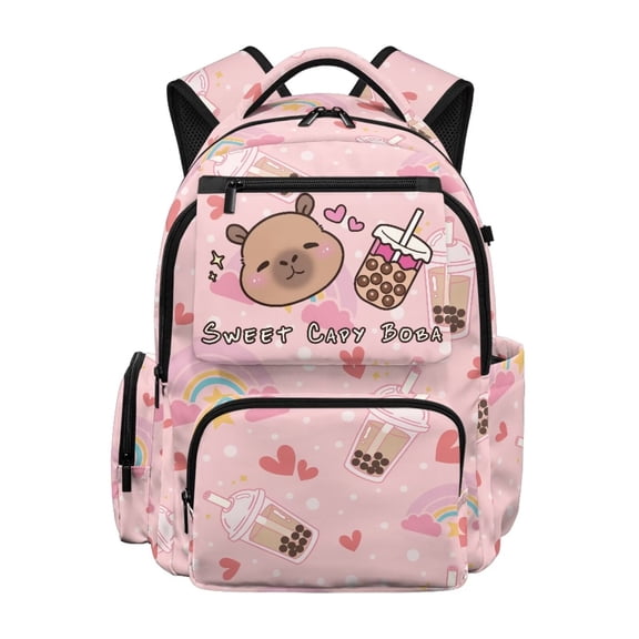 HUIACONG Pink Capybara Boba Print School Backpack for Teens Girls Boys Age 7-18 Sturdy Water Repellent Bookbag with Adjustable Padded Straps Multi Pockets for School Travel Daily Use