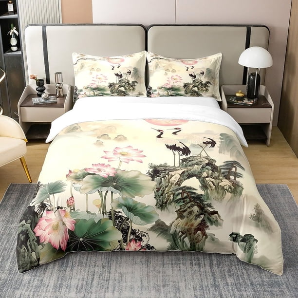 Crane 100 Percent Cotton Funda Nórdica King Acuarela Loto Floral Juego de Cama