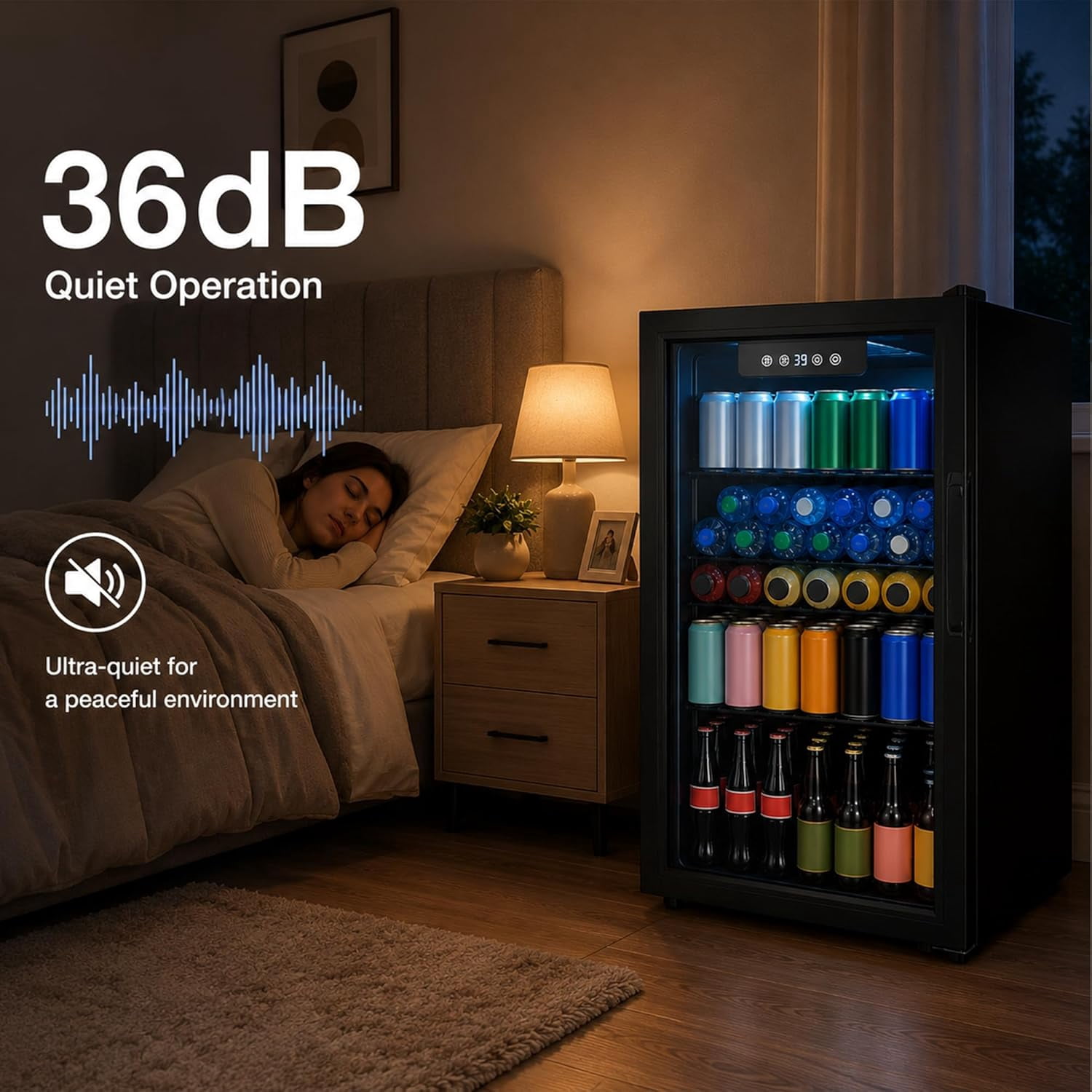 3.2 Cu.Ft Mini Beverage Refrigerator, 130 Can Glass Door Cooler for Drinks, Soda, Beer & Wine, Compact Fridge for Bedroom, Office, Home Bar, Black