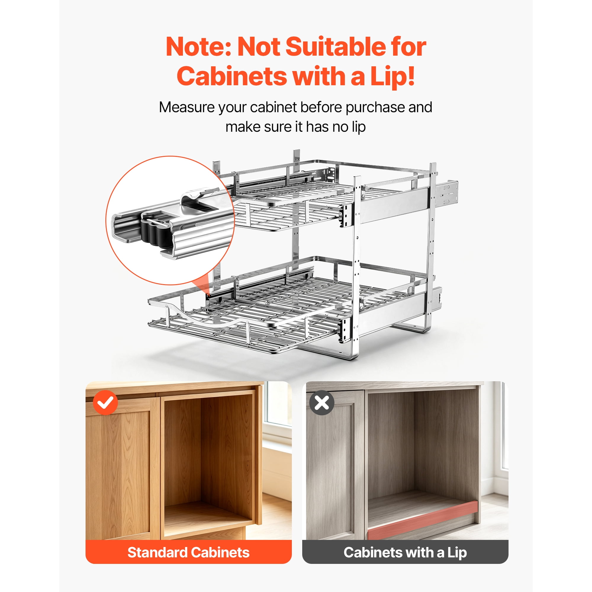 KFFKFF 2-Tier Slide-Out Cabinet Organizer, 14.17"W x 21.06"D, Chrome-Plated Steel Shelves for Kitchen, Bathroom, and Pantry Storage