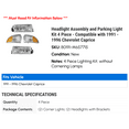 thumbnail image 2 of Headlight Assembly and Parking Light Kit 4 Piece - Compatible with 1991 - 1996 Chevy Caprice 1992 1993 1994 1995, 2 of 2