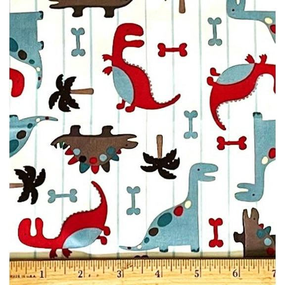 1 Fat Quarter - Colorful Dinosaur Friends on White Stripe Cotton Fabric - 21" X 18"