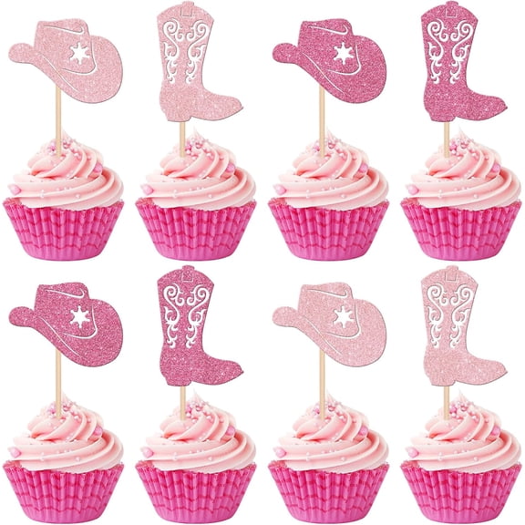 12 Pack Pink Glitter Cowgirl Cupcake Toppers, Cowboy Hat & Boot Cupcake Picks for Western Themed Birthday, Cowgirl Baby Shower Cake Decorations Supplies